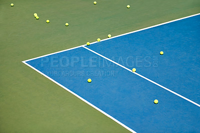 Buy stock photo Tennis balls lying on an empty court