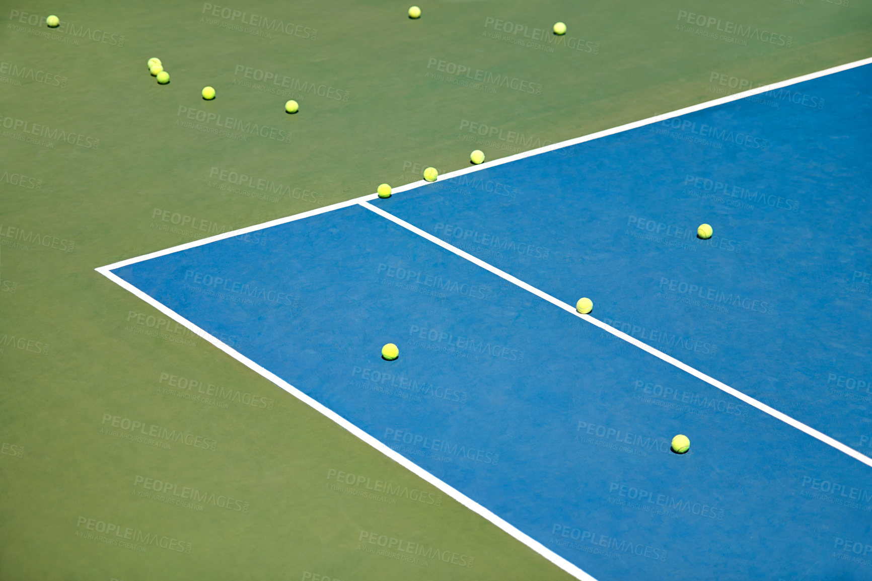 Buy stock photo Tennis balls lying on an empty court