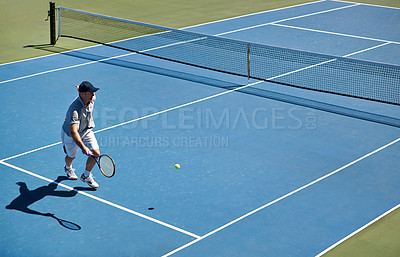 Buy stock photo Sport, man and tennis on court with fitness, competition and performance outdoor with match and energy. Power, athlete and ball on turf for training, health and racket with skill, game or hobby