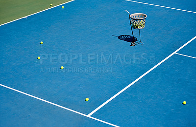 Buy stock photo Floor, empty or tennis balls on court for training, outdoor exercise or competitive match in summer. Workout, background or sport for health or fitness with equipment on the ground ready for a game