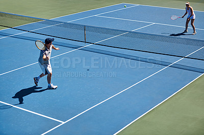 Buy stock photo Sport, people and tennis on court with fitness, competition and performance outdoor with match and energy. Athlete, player and ball on turf for training, exercise or racket with skill, game and hobby