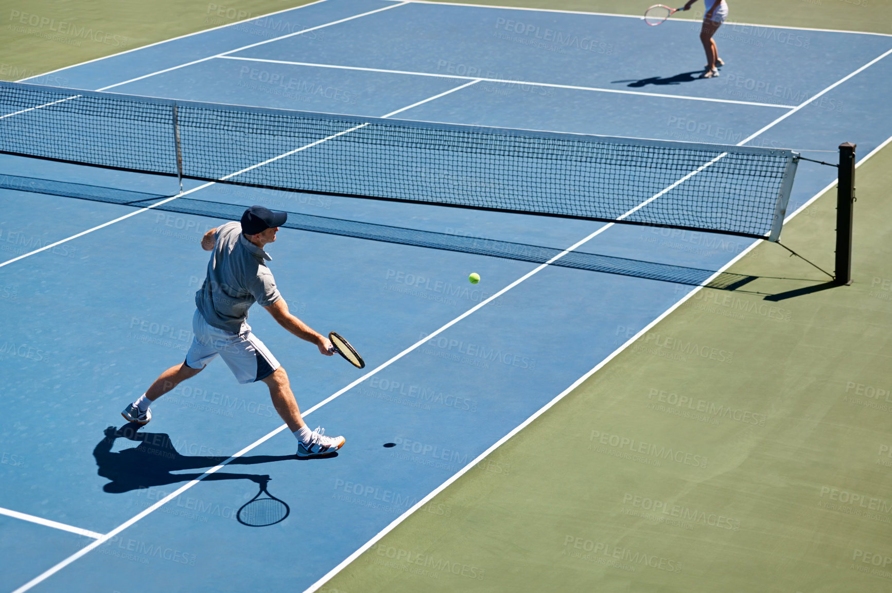 Buy stock photo Sport, people and tennis on court with game, competition and performance outdoor with fitness and energy. Athlete, player and ball on turf for training, exercise and racket with fun, action and hobby