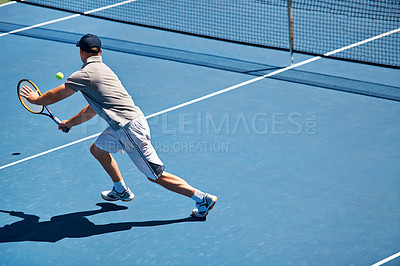 Buy stock photo Sport, man and tennis on court with fitness, competition and performance outdoor with match and energy. Athlete, player and ball on turf for training, exercise and racket with skill, game and hobby