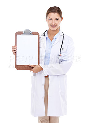 Buy stock photo Empty, clipboard and happy portrait of doctor in white background, studio and mock up space. Medical, information and woman with checklist, presentation and board with news in health or insurance