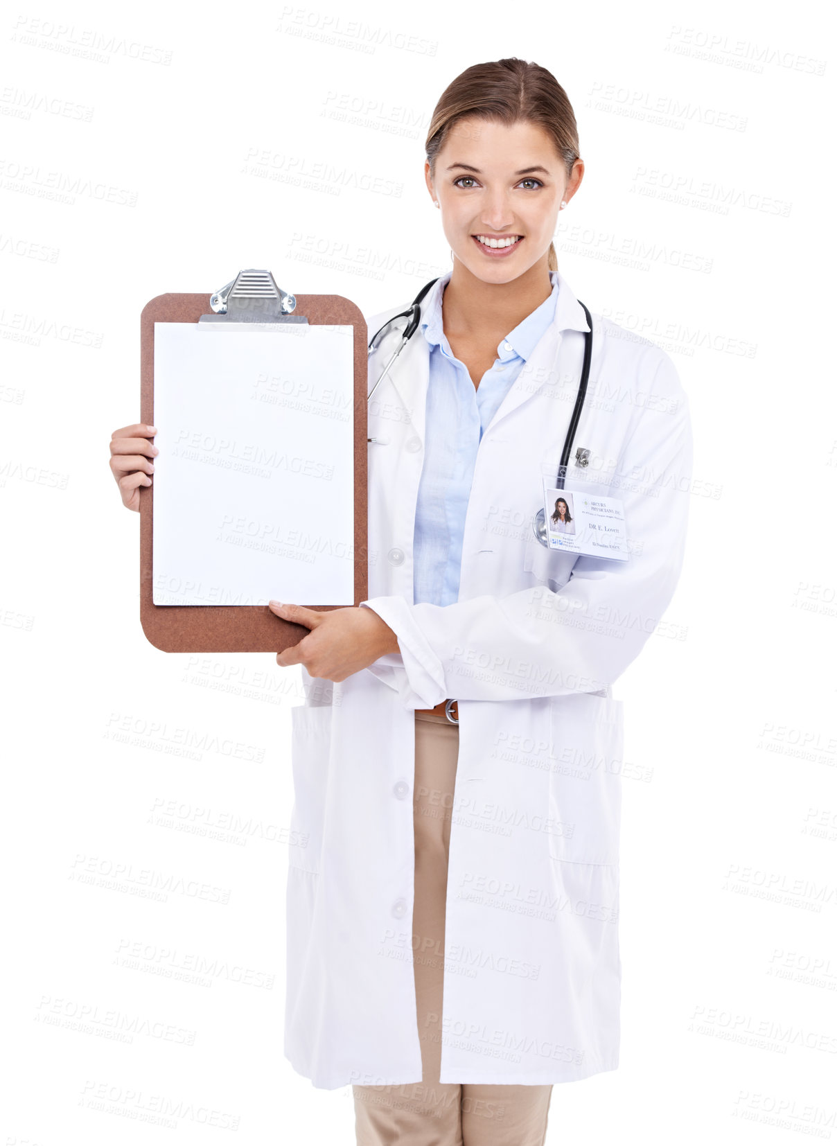 Buy stock photo Empty, clipboard and happy portrait of doctor in white background, studio and mock up space. Medical, information and woman with checklist, presentation and board with news in health or insurance