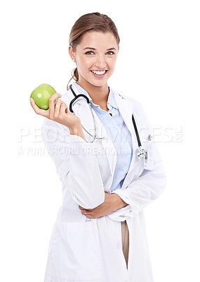 Buy stock photo Cropped portrait of an attractive female doctor holding up an apple