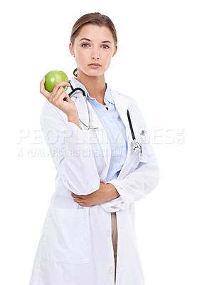 Buy stock photo Apple, woman or doctor in portrait for wellness, detox or benefits isolated on white background. Medical professional, serious or nurse in studio to promote healthcare, healthy diet or nutrition