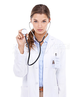 Buy stock photo Check, stethoscope or portrait of doctor in studio for healthcare examination on white background. Woman, cardiovascular or serious nurse ready to start consultation, exam or help for wellness 
