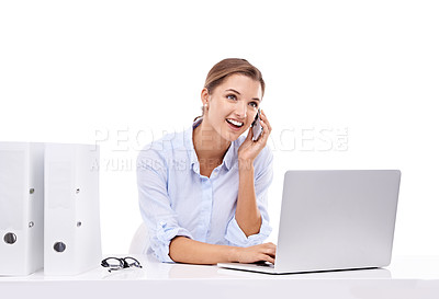 Buy stock photo Phone call, laptop and administration with business woman in studio isolated on white background. Research, communication and networking with happy young employee speaking on mobile for contact