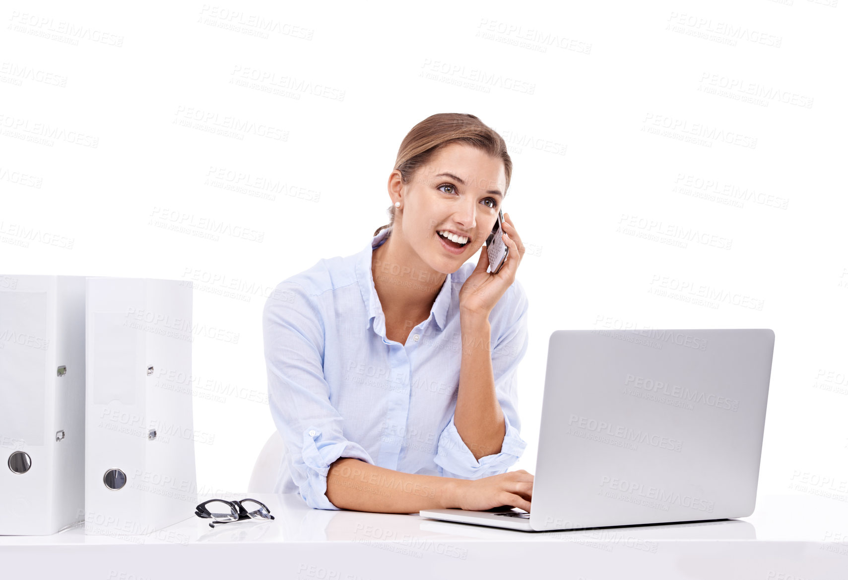 Buy stock photo Phone call, laptop and administration with business woman in studio isolated on white background. Research, communication and networking with happy young employee speaking on mobile for contact