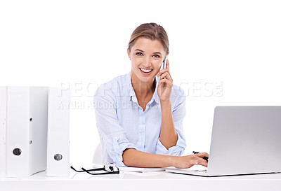 Buy stock photo Laptop, phone call and portrait of woman in studio for appointment information at secretary desk. Communication, smile and female receptionist on mobile conversation with computer by white background