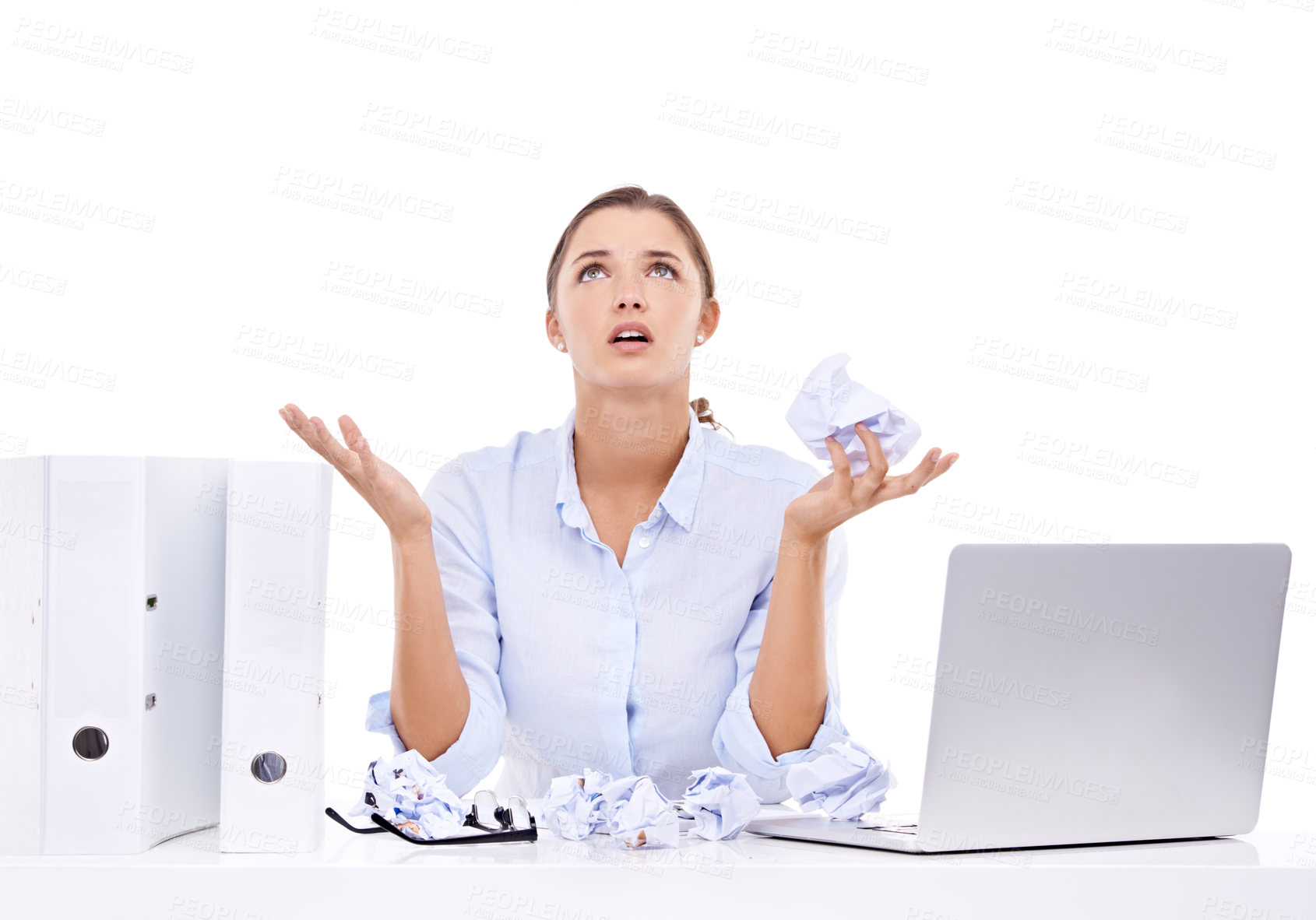 Buy stock photo Frustrated, stress and businesswoman with paper for administration, report or web research. Crush, studio or angry employee at table with anxiety, folders and laptop at desk job on white background