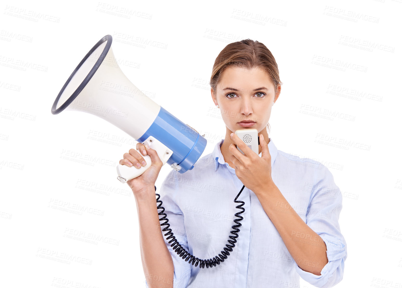 Buy stock photo Portrait of an attractive young woman holding a megaphone