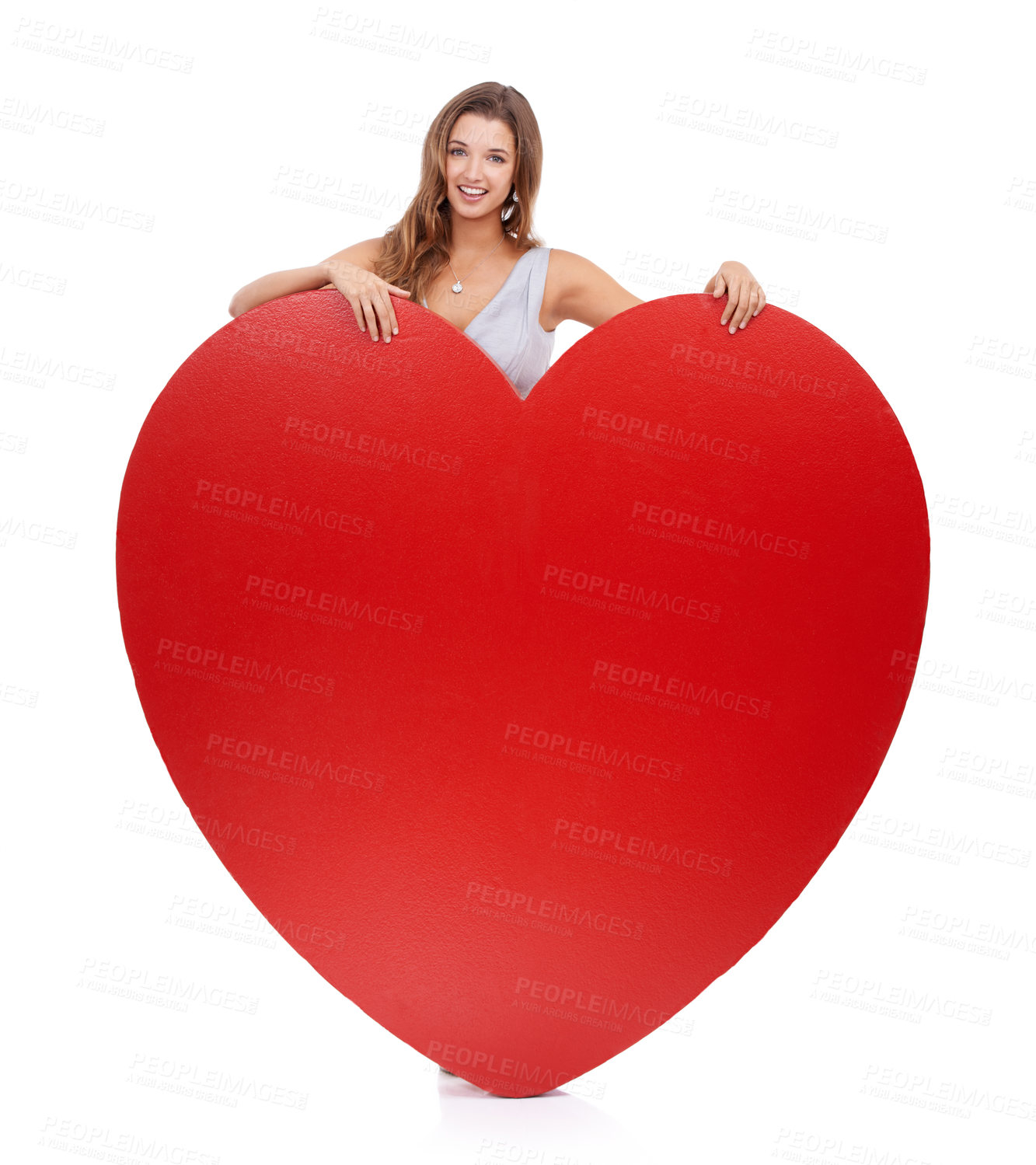 Buy stock photo Love, heart and woman on valentines day with a big gift, object or romantic product isolated in studio white background. Portrait, emoji and icon by female happy, smile and symbol for care