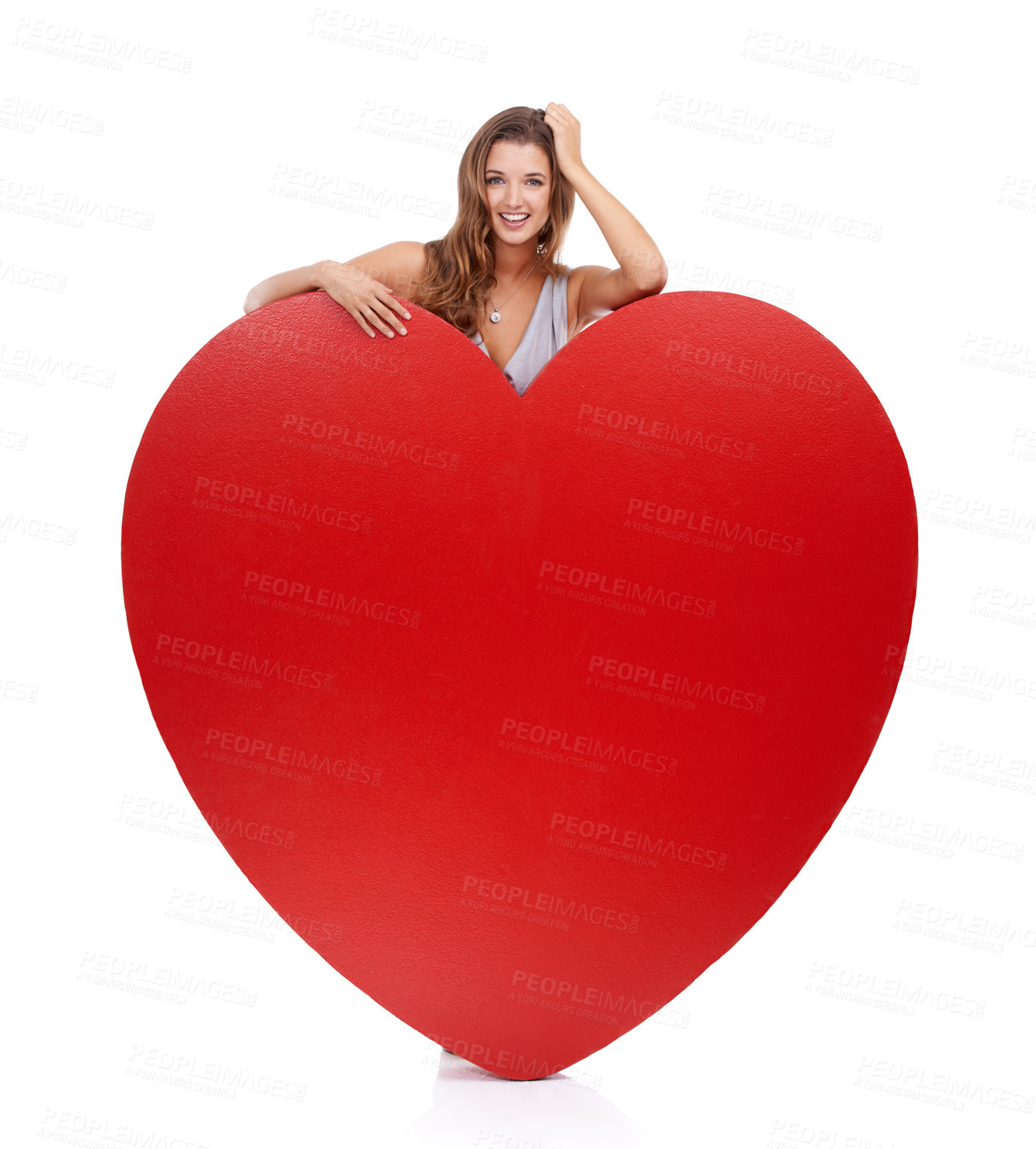 Buy stock photo Love, portrait and woman with heart on valentines day with an emoji gift, object or romantic product isolated in studio white background. Emoji and icon by female happy, smile and symbol for care