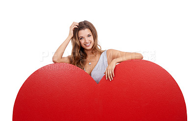 Buy stock photo Portrait, heart and mockup with a woman on valentines day in studio isolated on a white background. Love, emoji and romance with a young female posing on blank space for dating or affection