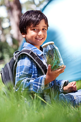 Buy stock photo Cute little boy collecting bugs in a jar with a smile