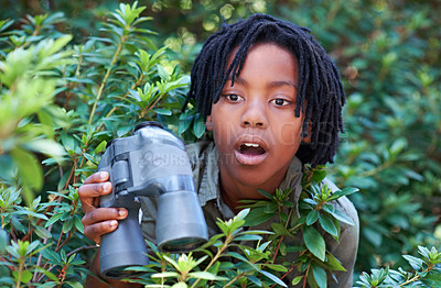 Buy stock photo Nature trees, binocular and child surprise over discovery on adventure, outdoor exploration or bird watching trip. Forest, bush leaves and kid with wow facial expression for search in tropical jungle