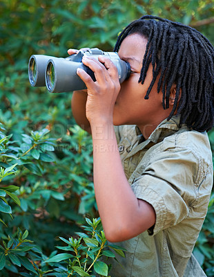Buy stock photo Nature trees, binocular and black kid watch wilderness view on adventure, outdoor exploration or camping trip. Sustainable forest, hiking tour and child search for destination in eco friendly woods