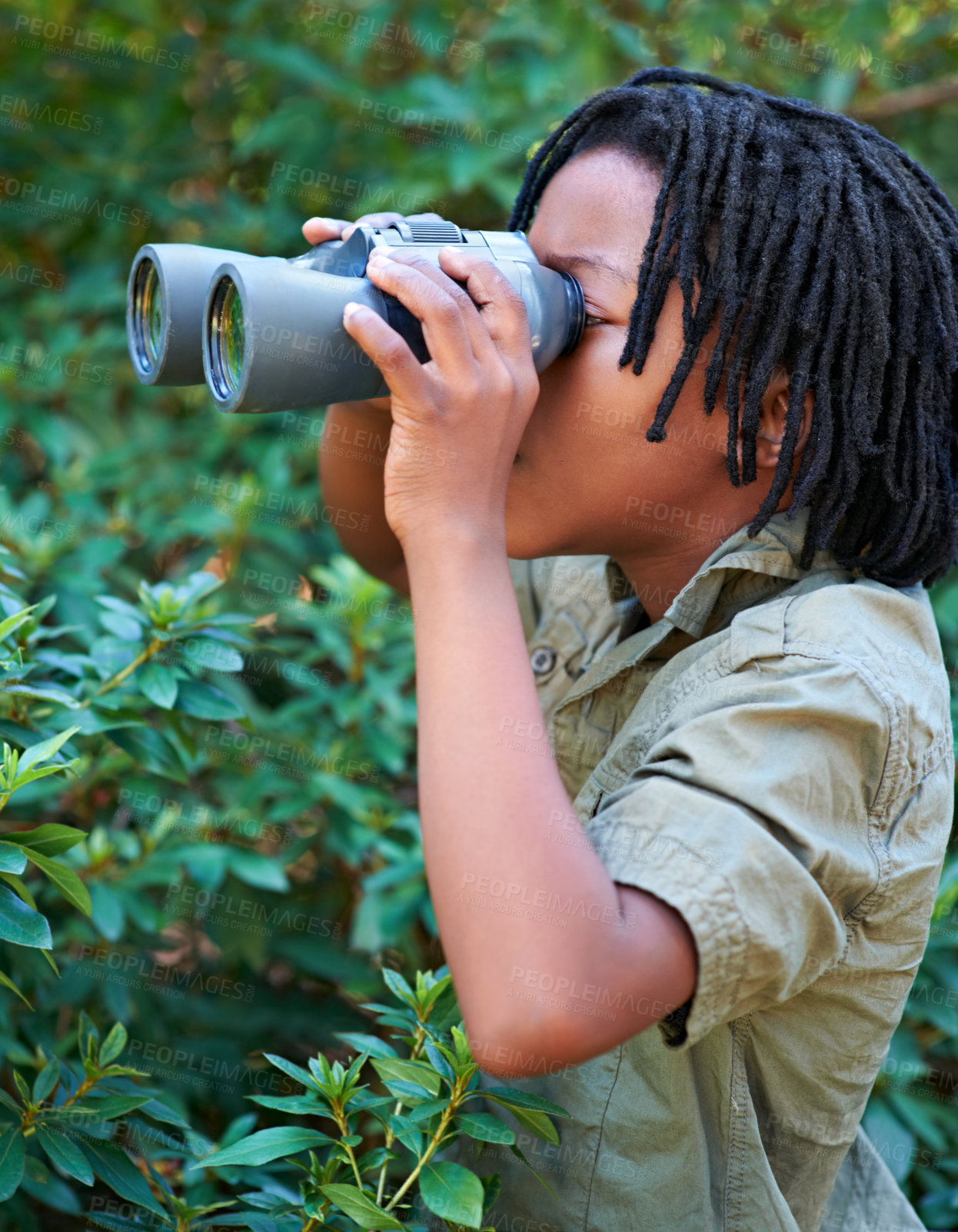 Buy stock photo Nature trees, binocular and black kid watch wilderness view on adventure, outdoor exploration or camping trip. Sustainable forest, hiking tour and child search for destination in eco friendly woods