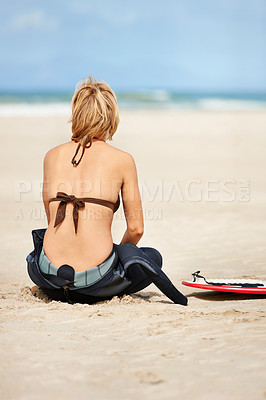 Buy stock photo Surfing, beach and back of woman with surfboard for water sports training, wellness and fitness by ocean. Nature, relax and person on sand for adventure on holiday, vacation and hobby by sea waves