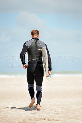 Buy stock photo Surfer, back of man with surfboard and beach for extreme sports, wet suit and adventure in the sun. Summer vacation with travel and surfing in nature, ocean and exercise with hobby in Australia