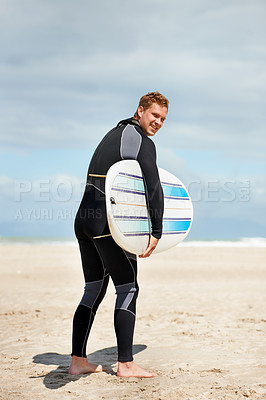 Buy stock photo Surfer, man with surfboard and beach for fitness and extreme sports, wet suit and happy in the sun. Summer vacation with adventure and surfing in nature, ocean and exercise with hobby in Australia