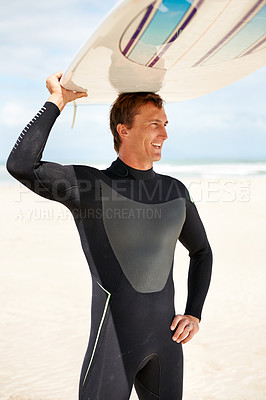 Buy stock photo Surfer, man with surfboard and view on beach for waves, ocean and travel, extreme sports and happy athlete outdoor. Fitness, wellness and summer in nature for surfing on tropical island in Australia