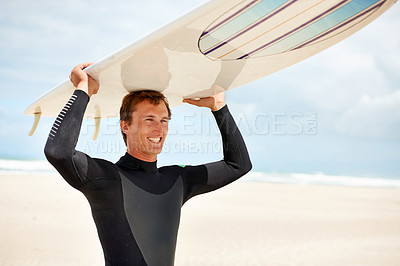Buy stock photo Surfer, man and smile with surfboard, beach for waves and sea with travel, extreme sports and happy athlete outdoor. Fitness, wellness and summer on nature for surfing on tropical island in Australia