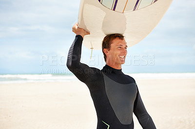 Buy stock photo Beach, happy and man carry surfboard for water sports training, relax and fitness by ocean. Nature, outdoors and person excited for adventure on holiday, vacation and hobby by sea in Australia