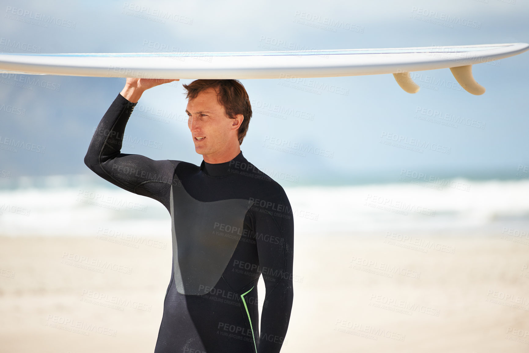 Buy stock photo Surfer, man with surfboard and beach for ocean, waves and travel, extreme sports and athlete outdoor with view. Fitness, wellness and summer in nature for surfing on tropical island in Australia