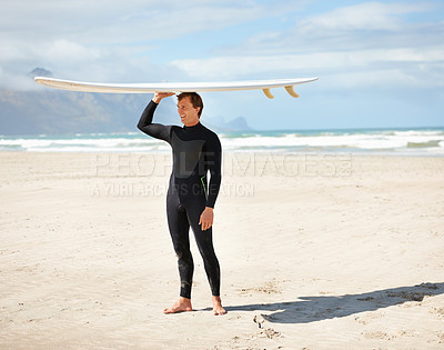 Buy stock photo Surfing, ocean and man at beach with surfboard on head for water sports training, freedom and fitness outdoors. Nature, happy and person for adventure on holiday, vacation and hobby by sea for waves