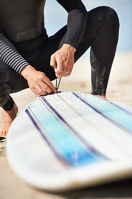 Buy stock photo Surfing, beach and hands of person with surfboard for water sports, training and fitness outdoors. Nature, sand and closeup of surfer with equipment for adventure on holiday, vacation or hobby by sea