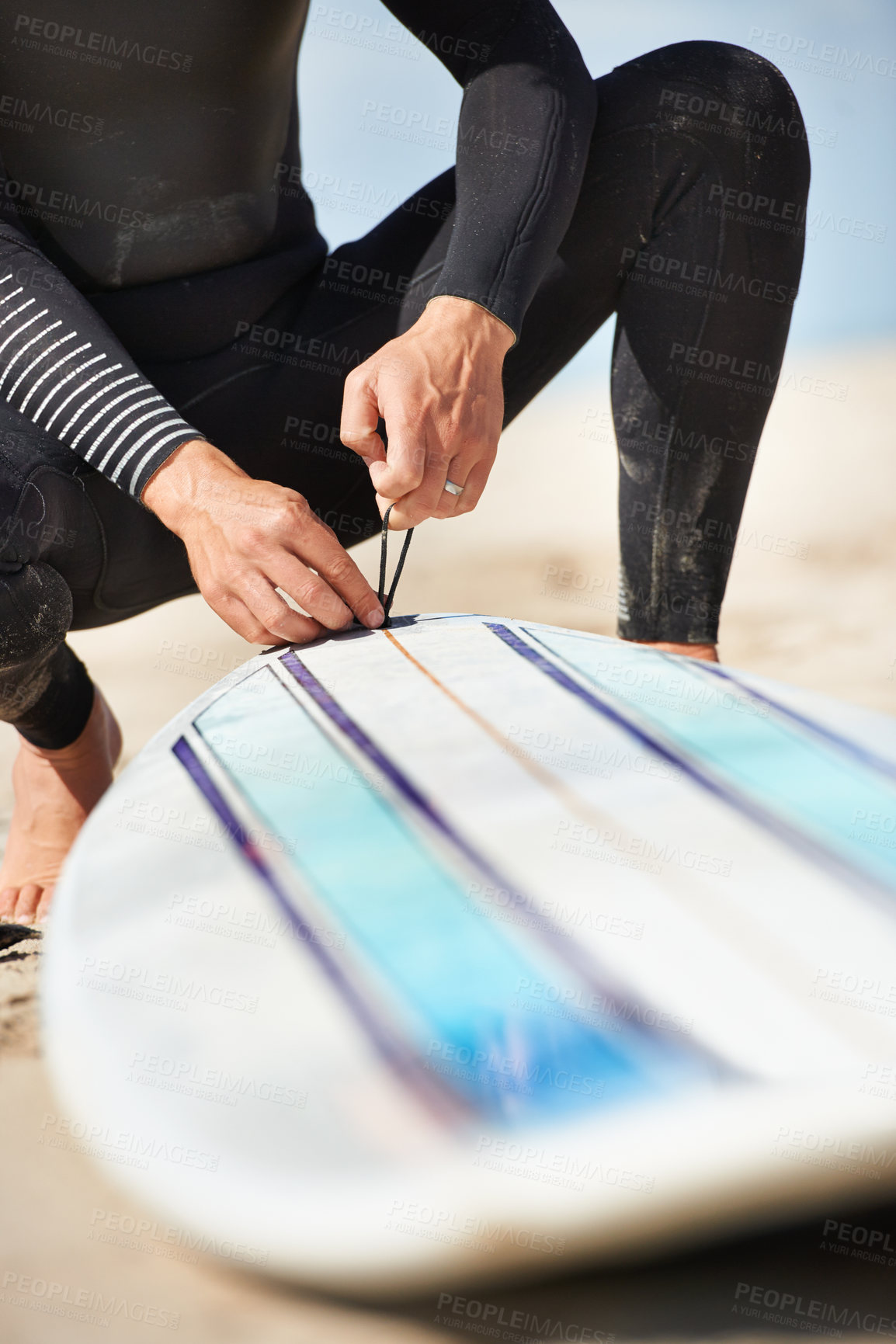 Buy stock photo Surfing, beach and hands of person with surfboard for water sports, training and fitness outdoors. Nature, sand and closeup of surfer with equipment for adventure on holiday, vacation or hobby by sea