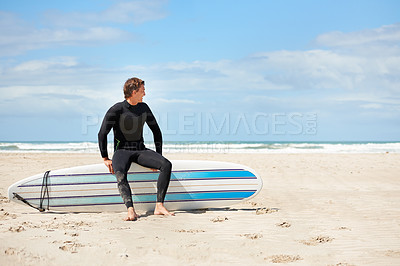 Buy stock photo Surfing, thinking and happy man with surfboard on beach for water sports training, freedom and fitness outdoors. Nature, blue sky and person for adventure on holiday, vacation and hobby by ocean