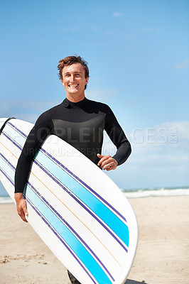 Buy stock photo Beach, portrait and happy man with surfboard for fitness exercise workout or body health in summer outdoor. Surfer, wetsuit and person by ocean for water sports, travel or holiday vacation in Hawaii