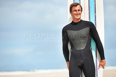 Buy stock photo Surfing, sports and man with surfboard on beach for training, freedom and fitness by ocean. Nature, exercise mockup and happy person by sea for adventure on holiday, vacation and hobby in Australia