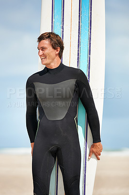 Buy stock photo Surfing, laugh and man with surfboard on beach for water sports training, freedom and fitness outdoors. Nature, ocean and happy person for adventure on holiday, vacation and hobby by Australia sea