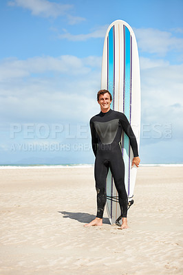 Buy stock photo Beach, portrait and happy man with surfboard in summer for exercise, fitness for body health or outdoor mockup. Surfer, wetsuit and smile of person by ocean for water sports, travel or holiday by sea