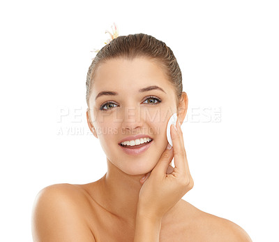 Buy stock photo Portrait, skincare or cotton pad by woman in studio for wellness, shine or glow on white background. Cleaning, beauty or face of lady model with facial swab for makeup, removal and toner application