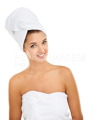Buy stock photo Towel, beauty studio and portrait of happy woman for morning routine, self care treatment or grooming. Bathroom, spa salon and person smile for skincare glow, hygiene or wellness on white background 