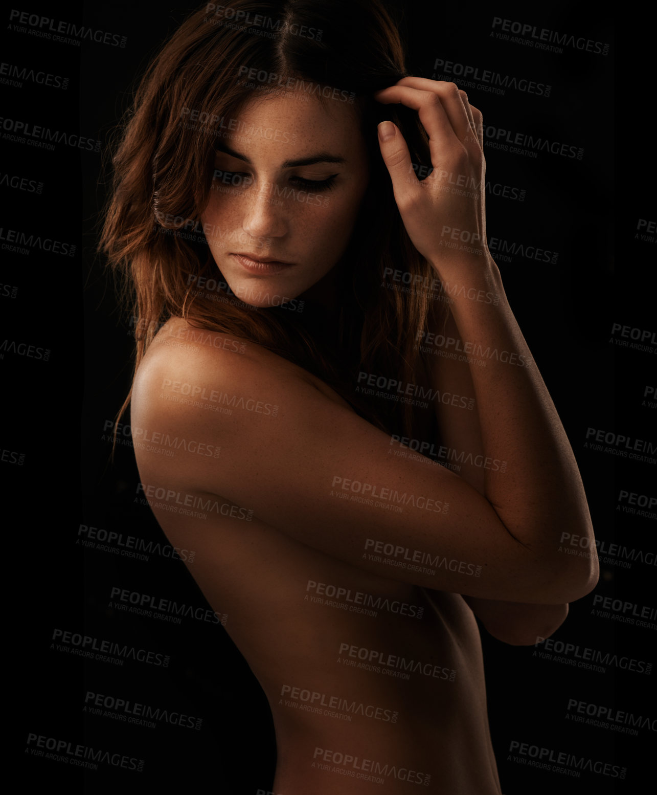 Buy stock photo Woman, body and skincare in studio for cosmetics, dermatology and shadow for art deco and aesthetic. Beauty model or serious person thinking of self care and glow isolated on dark or black background