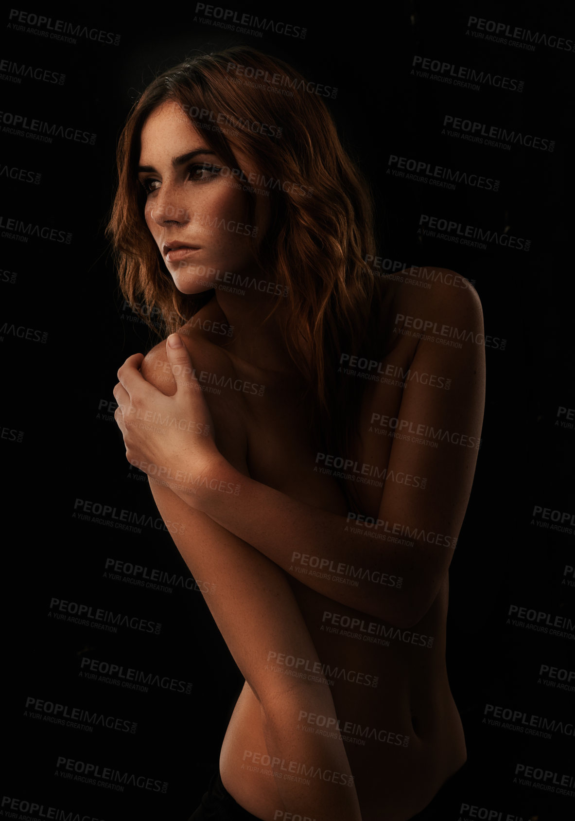 Buy stock photo Woman, body and skincare in studio for dermatology, cosmetics and shadow for art deco and aesthetic. Beauty model or serious person thinking of self care in glow isolated on dark or black background