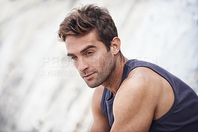 Buy stock photo Face, thinking and man outdoor calm, relax and enjoying a moment of reflection in nature. Questions, idea and male person outside for travel, break and holiday, journey and trip, decision mindfulness