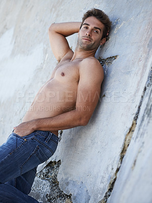 Buy stock photo Man, lean and fitness body with thinking, stomach and wellness outdoor by a wall. Summer, workout and muscle of a male personl from Brazil with strong arms, torso and topless with confidence and calm