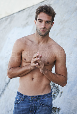 Buy stock photo Man, portrait and fitness body with abs, stomach and wellness outdoor by a wall. Summer, workout and fashion of a male person from Brazil with strong arms, torso and topless with confidence and smirk