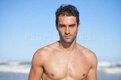Buy stock photo Man, portrait and beach for swimming, workout or outdoor exercise by the ocean coast in summer. Face of muscular male person or professional swimmer for on holiday weekend or vacation by the sea