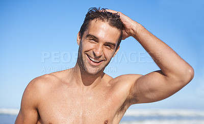 Buy stock photo Head and shoulders shot of a gorgeous body guard running his fingers through his hair