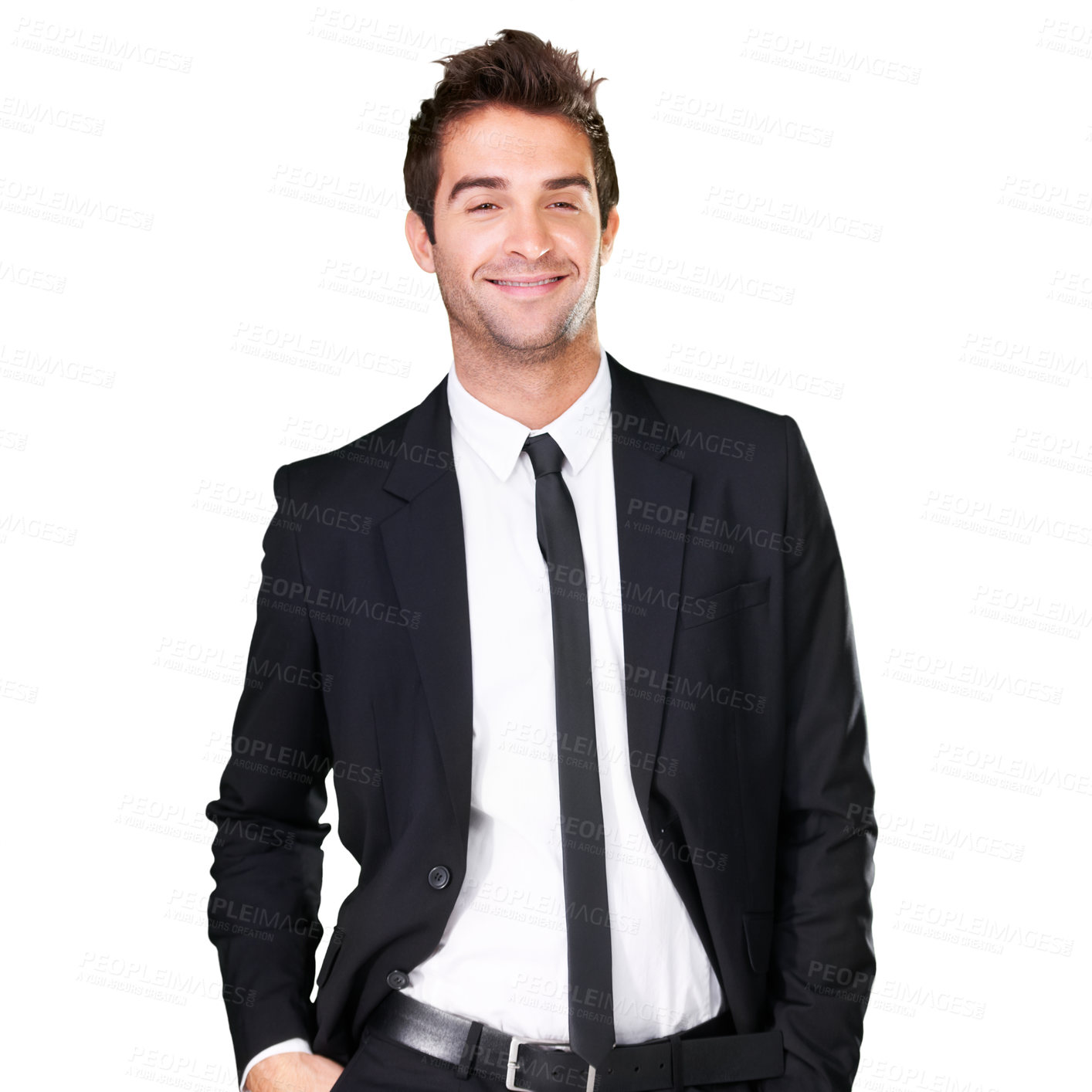 Buy stock photo Businessman, handsome and happy in studio for suit fashion, confidence and professional style. Portrait of corporate man with smile, positive mindset and motivation, isolated on a white background