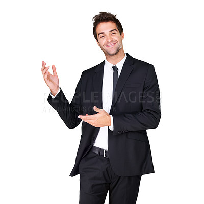 Buy stock photo Business man, happy and portrait with hands for fashion, advertising and professional style. Corporate and confident male model show mockup space presentation isolated on a white background in studio